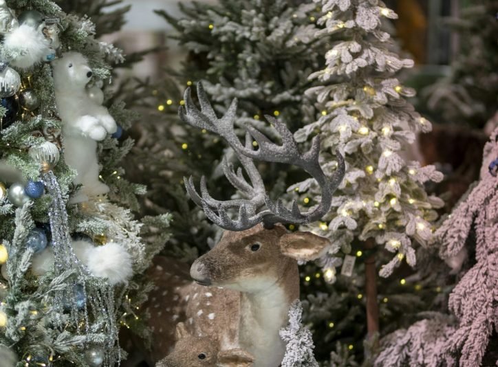 Christmas display with decorated trees, deer figures and polar bears